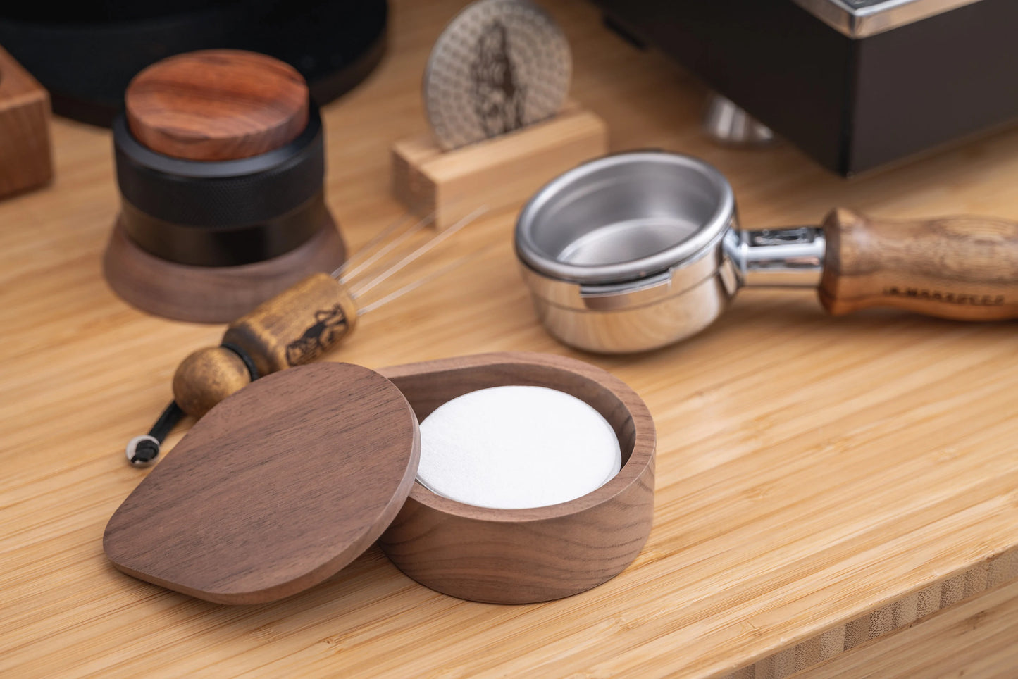 Top and Bottom Puck paper, espresso filters with Walnut storage Box 58mm, 53mm, 51mm
