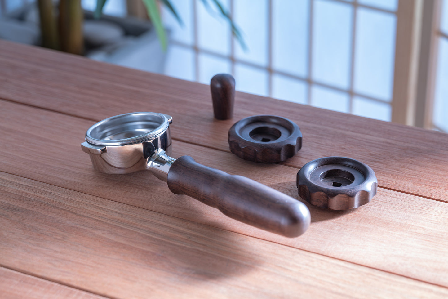 Walnut Rocket Espresso Wood Parts - Engraved Portafilter, 2 Big Knobs and Brewing Lever Knob