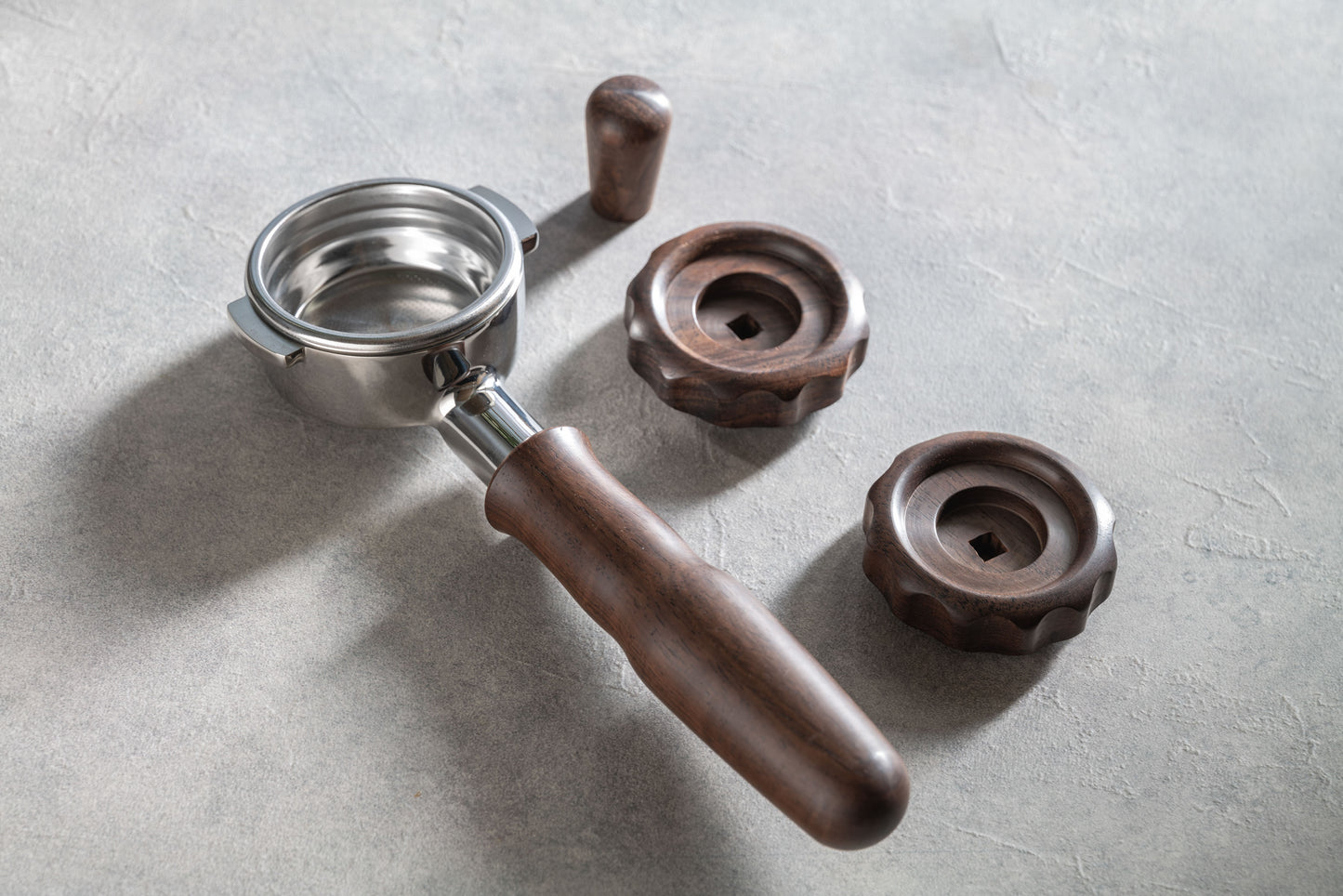 Walnut Rocket Espresso Wood Parts - Engraved Portafilter, 2 Big Knobs and Brewing Lever Knob