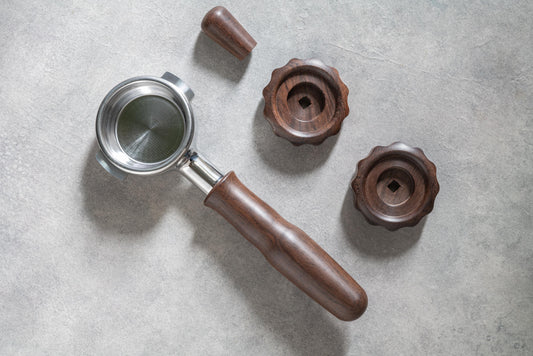 Walnut Rocket Espresso Wood Parts - Engraved Portafilter, 2 Big Knobs and Brewing Lever Knob